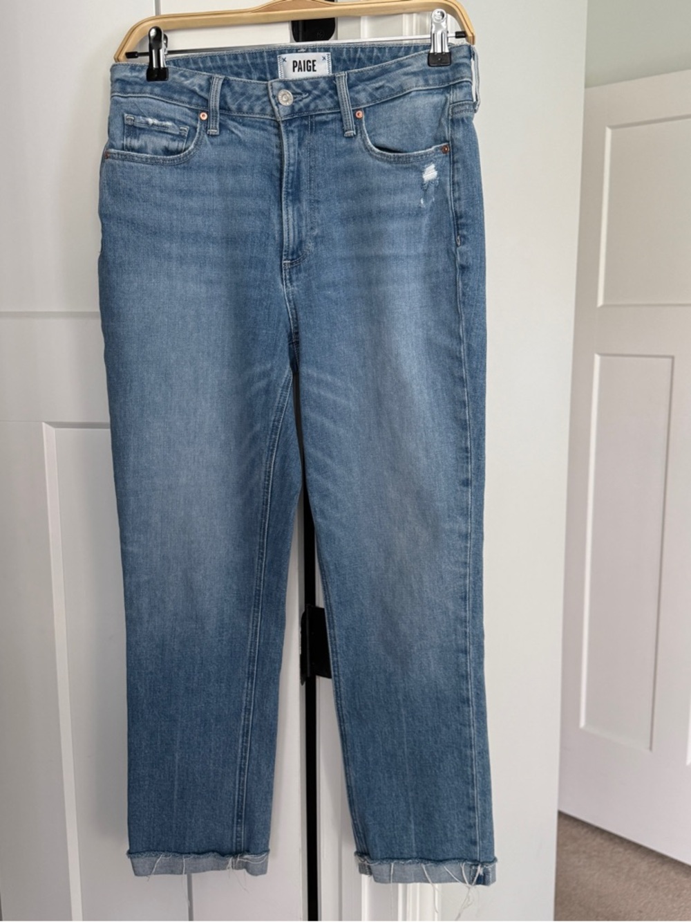 PAIGE high rise Brigette Light Blue Cropped Straight Jeans exhibition distressed